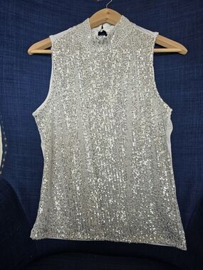 Star Sparkle! Sleeveless Sequined Mock Neck Shell Top - White.
